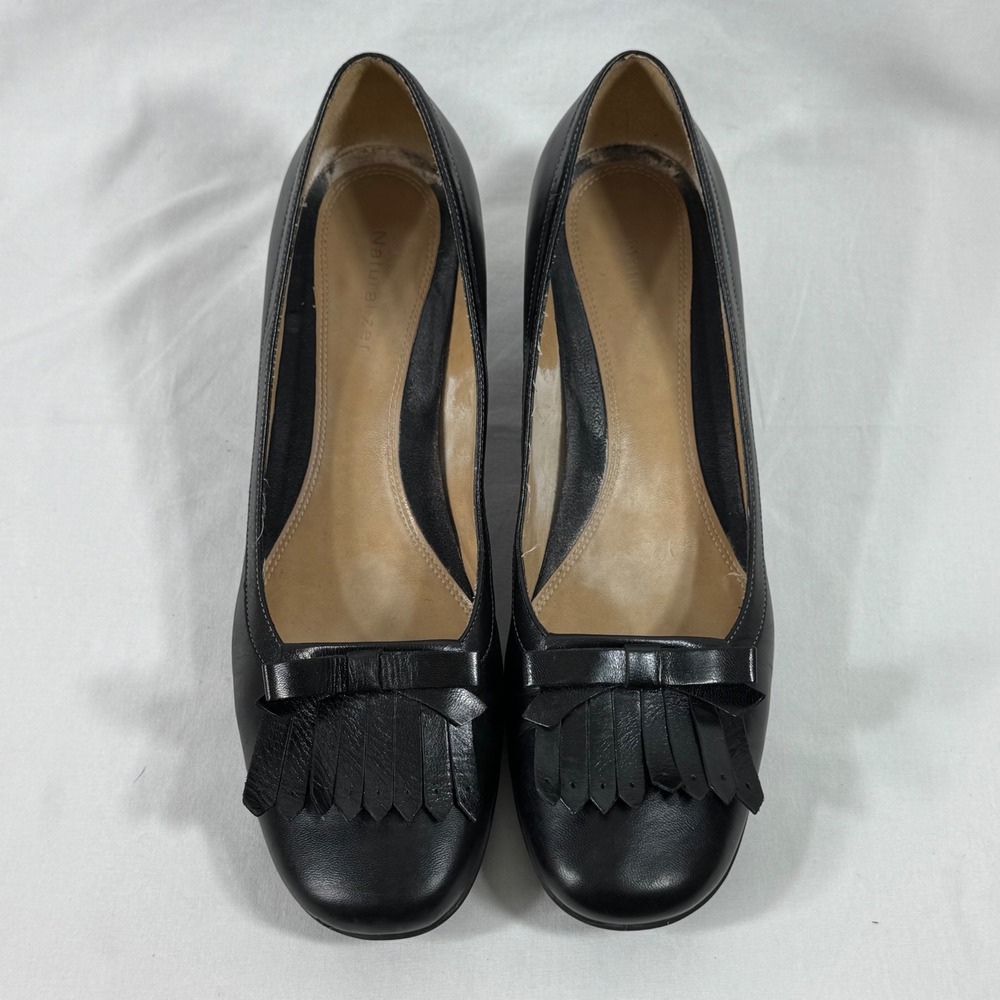 Naturalizer Dahlia Black Leather Kiltie Fringe Bow Block Heel Pumps Womens 9.5 M